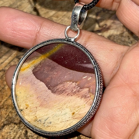 Detailed Round Burgundy & Yellow Mookaite Pendant 2” - Picture 11 of 15